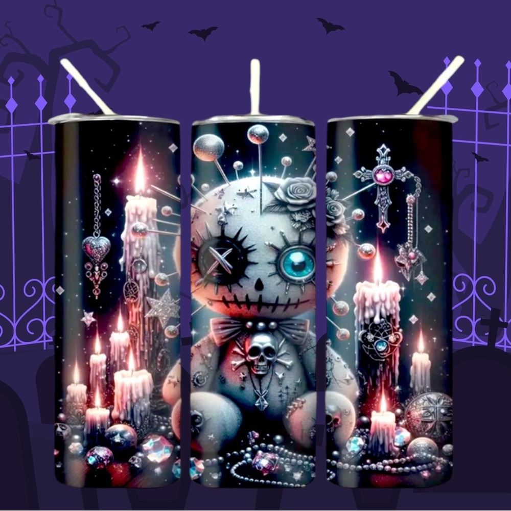 🆕 Gothic “Hello Kitty” Voodoo Doll Tumbler - 20oz Stainless Steel 😱